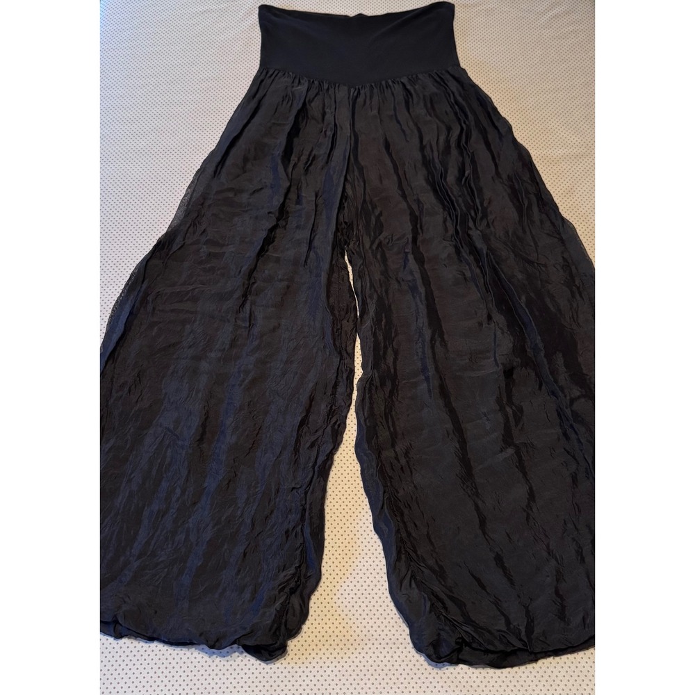 Giusy Made in Italy Black Silk Blend Wide Leg Harem Bubble Gypsy Pants Women's L